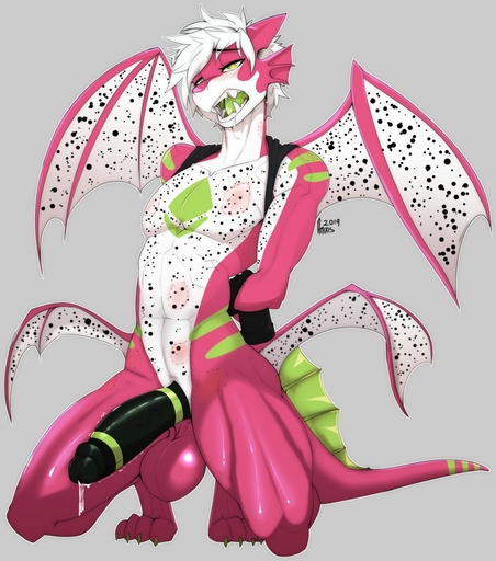 4_toes 4_wings abs anixis anthro balls big_balls big_penis bite_mark black_penis blush bodily_fluids conditional_dnp dragon dragon_fruit fangs feet food frill_(anatomy) fruit genital_fluids genitals green_eyes green_stripes green_tongue hair hands_behind_back hi_res humanoid_genitalia humanoid_penis kneeling looking_at_viewer male multi_wing muscular_thighs open_mouth penis pink_body pitt_(organization1337) plant precum scalie solo stripes tail_frill toes tongue white_hair wings // 1129x1280 // 242.6KB