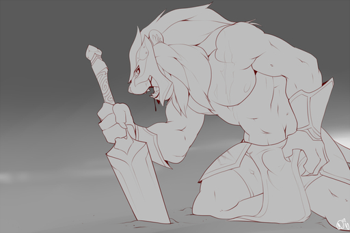abs anthro armor athletic biceps big_muscles biped blood bodily_fluids bottomwear bulge claws clothed clothing fangs felid fur gladiator hair headgear helmet kneeling lion loincloth male mammal mask melee_weapon muscular muscular_anthro muscular_male nipples open_mouth pantherine patto pecs pose scar sketch solo sword teeth tongue topless warrior weapon // 1200x799 // 227.3KB