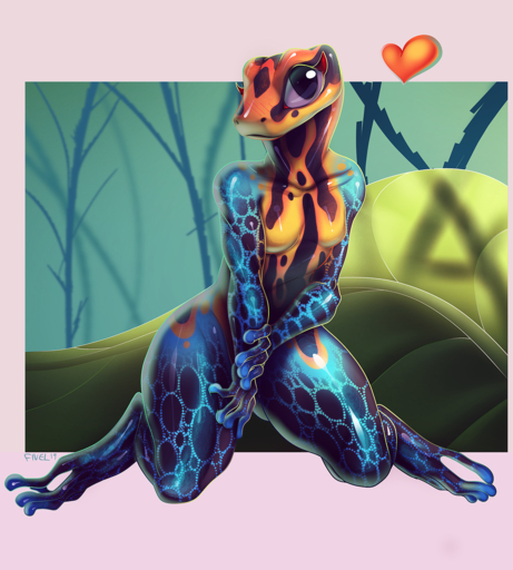 2019 4_toes 5_fingers amphibian anthro biped breasts digital_media_(artwork) featureless_breasts feet female fingers fivel frog glistening hi_res kneeling non-mammal_breasts nude poison_dart_frog purple_eyes solo strawberry_poison-dart_frog toes wide_hips // 1350x1500 // 2.5MB