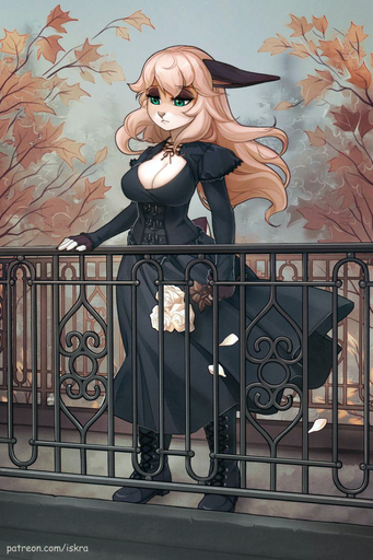 2017 5_fingers anthro autumn big_breasts blonde_hair boots breasts cleavage clothed clothing day detailed_background digital_media_(artwork) female fingers footwear green_eyes hair hi_res iskra mammal outside solo standing text url // 853x1280 // 1.4MB