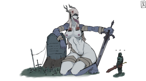 absurd_res ambiguous_gender anthro bloodborne breasts canid canine canis dark_souls duo female fromsoftware goonie-san great_grey_wolf_sif hi_res human leaning_on_object male malefemale mammal midriff sitting sony_corporation sony_interactive_entertainment souls_(from_software) standing swordsman tombstone tongue tongue_out vicar_amelia video_games wolf // 5400x3000 // 1.9MB