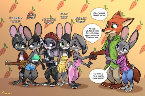 absurd_res anthro bottomwear breasts canid canine cleavage clothed clothing ear_piercing english_text fan_character female fox fur grey_body grey_fur group guitar hi_res judy_hopps lagomorph leporid male mammal musical_instrument nick_wilde orange_body orange_fur pants piercing plucked_string_instrument rabbit shirt shorts sibling siroc sister sisters string_instrument text topwear // 3724x2456 // 1.0MB