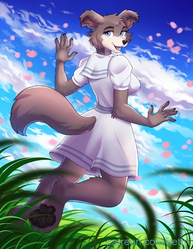 2020 5_fingers absurd_res anthro beastars biped blue_eyes canid canine canis clothed clothing cloud digital_media_(artwork) dress female fingers hi_res juno_(beastars) ketty looking_back mammal open_mouth open_smile pawpads rear_view sky smile solo text url wolf // 2325x3000 // 644.8KB