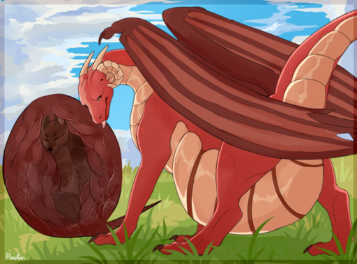 ambiguous_gender anthro belly brown_body brown_fur canid canine cloud dragon duo female feral fur grass horn internal mammal organs paws plant roobin sky stomach tongue tongue_out vore wings // 1280x948 // 1.2MB