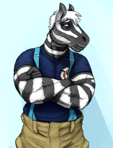 anthro beard colored crossed_arms equid equine facial_hair firefighter frown hair hi_res hladilnik horse male mammal mature_anthro mature_male solo white_hair zebra zebra_dad_(hladilnik) // 986x1280 // 927.7KB