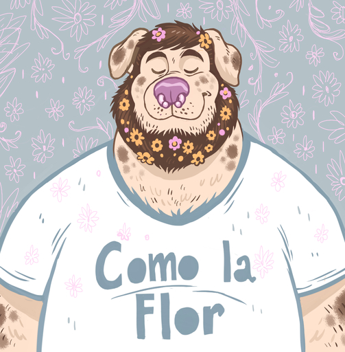 2016 anthro beard brown_hair canid canine canis clothed clothing digital_media_(artwork) domestic_dog dramamine eyes_closed facial_hair facial_piercing flower front_view fur hair half-length_portrait male mammal nose_piercing nose_ring overweight overweight_anthro overweight_male pattern_background piercing plant portrait purple_nose septum_piercing shirt simple_background slightly_chubby smile solo spanish_text tan_body tan_fur text topwear translated // 982x1000 // 558.9KB