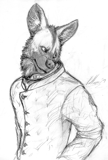 absurd_res african_wild_dog anthro canid canine collar hi_res ludicrous_res male mammal monochrome sketch slave solo traditional_media_(artwork) vellum zain // 1692x2493 // 2.8MB