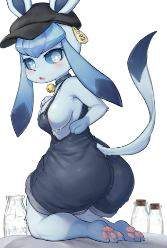 2022 3_fingers 3_toes absurd_res anthro anthrofied areola areola_slip barefoot big_breasts big_butt blue_body blue_eyes blush bodily_fluids bottle breasts butt canid claws clothing cute_fangs eeveelution feet female fingers furgonomics glaceon gloves_(marking) hat headgear headwear healingpit hi_res kemono kneeling lactating leg_markings looking_at_viewer looking_back mammal markings milk milk_bottle nipple_outline open_mouth overalls overalls_only pawpads paws pokemon_(species) pokemorph side_boob socks_(marking) solo toe_claws toes tongue video_games // 1620x2408 // 3.0MB