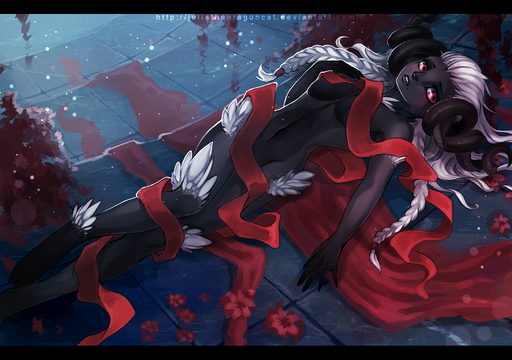 anthro black_bars breasts convenient_censorship demon detailed_background digital_media_(artwork) female hair juliathedragoncat looking_at_viewer lying midriff navel nude red_eyes ribbons solo white_hair // 1280x900 // 1.3MB