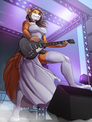 2019 3:4 anthro breasts brown_hair canid canine cassie_the_rock_vixen clothed clothing dress electric_guitar female fox fur guitar hair hi_res legwear mammal musical_instrument plucked_string_instrument solo stage string_instrument thigh_highs twinkle-sez // 1500x2000 // 1.6MB