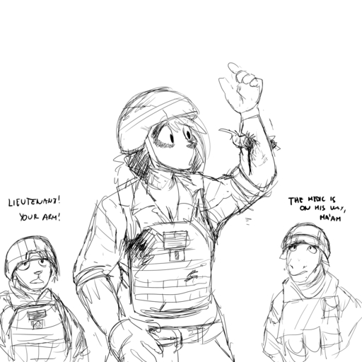 1:1 2019 anthro armor army black_and_white blood bodily_fluids canid canine canis clothed clothing dialogue digital_media_(artwork) domestic_dog english_text female fur gore group headgear helmet hi_res hladilnik male mammal military military_uniform monochrome open_mouth samantha_thott shrapnel_wound simple_background surprise text uniform worried wounded // 1280x1280 // 478.7KB