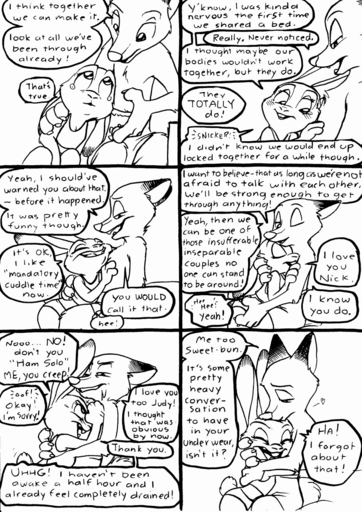 2016 <3 anthro bed black_and_white blush bodily_fluids canid canine clothed clothing comic dialogue disney duo english_text eric_schwartz eyes_closed female fox furniture grin hi_res hitting hug humor inside judy_hopps kissing lagomorph leporid male malefemale mammal monochrome nick_wilde one_eye_closed pun rabbit romantic romantic_couple sitting smile tears text topless zootopia // 906x1280 // 361.8KB
