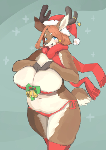 2018 absurd_res anthro antlers bell big_breasts blue_eyes blush breasts brown_body brown_fur capreoline cervid christmas christmas_clothing christmas_headwear cleavage clothed clothing costume countershading curvy_figure deep_navel female fur hair hat headgear headwear hi_res holidays horn huge_breasts kemono legwear long_hair looking_at_viewer mammal navel reindeer ribbons santa_costume santa_hat scarf skimpy slightly_chubby solo standing stockings tan_body tan_fur thick_thighs voluptuous wanko0487 // 2480x3507 // 2.1MB