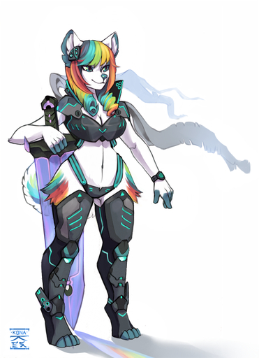 anthro armor canid canine clothed clothing female fur grungecandy hair mammal midriff navel smile solo standing wide_hips // 600x828 // 321.8KB