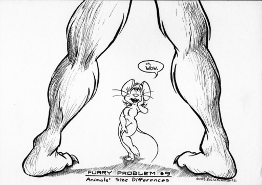 1993 3_toes ambiguous_species anthro barefoot breasts claws duo english_text eric_schwartz feet female fur furry_problems hair mammal micro monochrome mouse murid murine on_one_leg plantigrade rodent simple_background size_difference standing tall text toes white_background // 990x700 // 110.7KB
