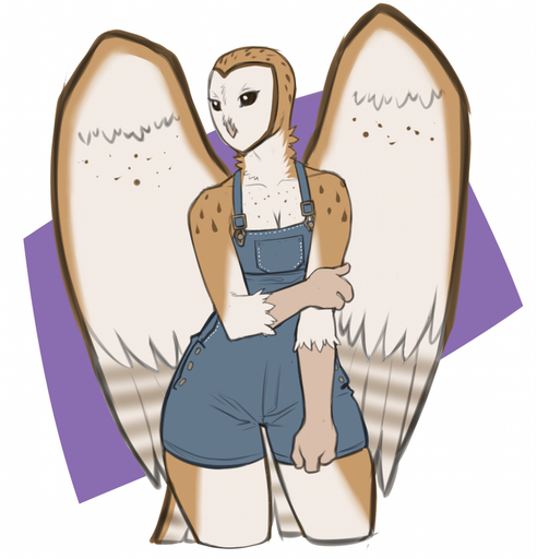 anthro avian beak bird black_sclera clothing faint feathered_wings feathers female overalls owl shy solo standing wide_hips wings // 960x1000 // 499.3KB