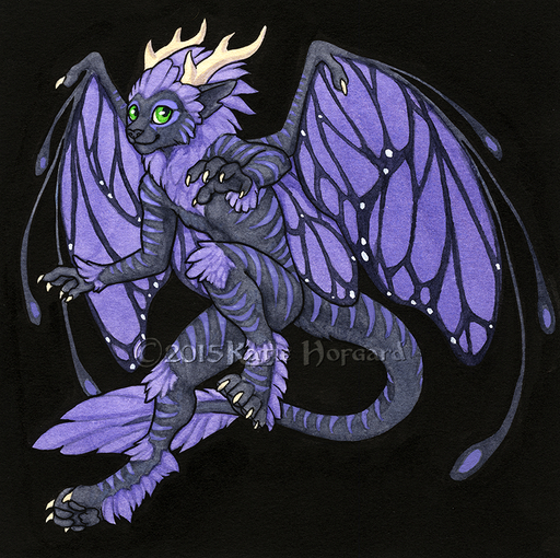 2015 4_toes 5_fingers anthro black_background digitigrade dragon feet felid feline fingers fur furred_dragon green_eyes hair horn hybrid katie_hofgard male mammal membrane_(anatomy) membranous_wings purple_hair simple_background solo toes traditional_media_(artwork) wings // 785x782 // 1.2MB