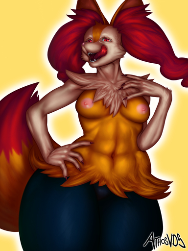 3:4 anthro athosvds braixen breasts canid canine female hi_res looking_at_viewer mammal nintendo nipples pokemon pokemon_(species) solo tongue video_games // 1125x1500 // 1.3MB