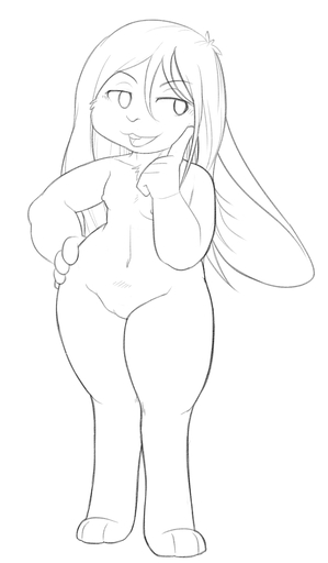 anthro blushbutt breasts chest_tuft digitigrade female genitals hair hi_res lagomorph leporid long_ears long_hair mammal monochrome nude pussy rabbit short_stack simple_background solo thick_thighs tuft white_background // 875x1500 // 213KB