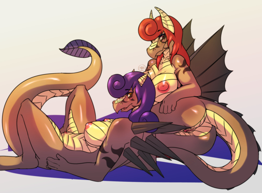 2015 anthro avante92 big_breasts breasts dragon duo female genitals hair horn looking_at_viewer membrane_(anatomy) membranous_wings nipples non-mammal_breasts nude purple_hair pussy red_eyes red_hair scales scalie simple_background spikes wings yellow_eyes // 1280x942 // 763KB