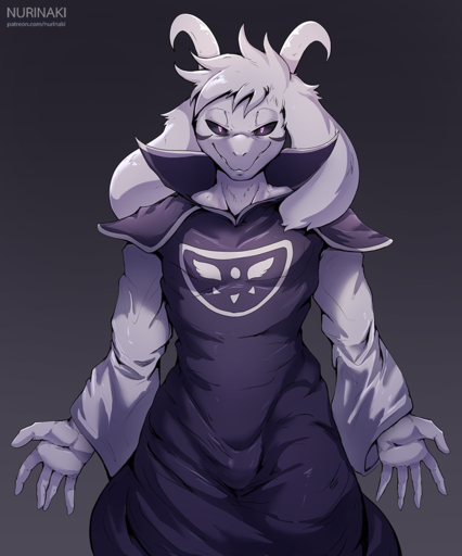 5_fingers anthro asriel_dreemurr_(god_form) biped boss_monster bovid caprine clothed clothing fingers fully_clothed fur gradient_background grey_background half-closed_eyes horn long_ears looking_at_viewer male mammal markings narrowed_eyes nurinaki robe simple_background smile solo standing teeth video_games white_body white_fur // 833x1000 // 635.9KB