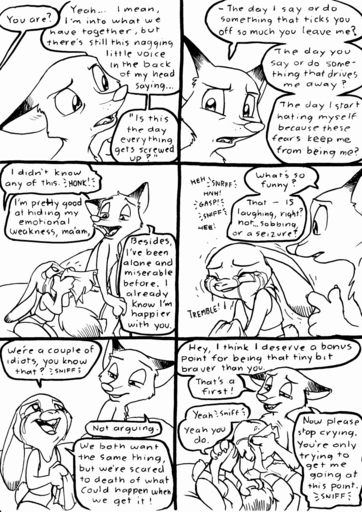 2016 anthro bed black_and_white bodily_fluids canid canine clothed clothing comic crying dialogue disney duo emotional english_text eric_schwartz eyes_closed female fox furniture hi_res inside judy_hopps lagomorph laugh leporid male mammal monochrome nick_wilde pillow rabbit romantic romantic_couple sitting sound_effects tears text tissue topless zootopia // 906x1280 // 345.2KB
