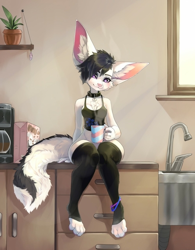 5_fingers adra anthro arm_support beverage big_ears black_body black_fur black_hair bottomless breasts canid canine cereal chest_tuft cleavage clothed clothing collar cup detailed_background digital_media_(artwork) digital_painting_(artwork) english_text female fennec fingers food fox fur hair head_tilt hi_res holding_cup holding_object inner_ear_fluff inside kitchen legwear looking_aside mammal pink_nose purple_eyes shirt short_hair short_stack sink sitting solo steam talilly tank_top text thigh_highs toeless_legwear topwear tuft uwu vulpes white_body white_fur wide_hips // 997x1280 // 162.6KB
