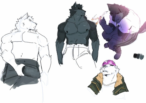 anthro balisong bulge butterfly_knife canid canine canis clothed clothing clothing_grab colored_sketch do-rag genital_outline goon_(goonie_san) goonie-san jacket knife male mammal penis_outline shaded shirt sketch solo topless topless_male topwear wolf // 1200x845 // 120.1KB