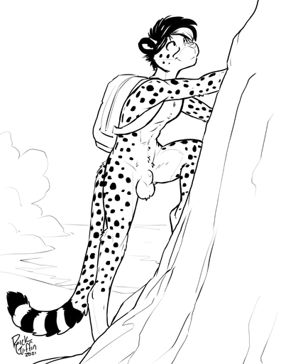 2021 animal_genitalia anthro backpack black_and_white casual_nudity cheetah climbing detailed_background digital_media_(artwork) digitigrade felid feline fully_sheathed genitals male mammal markings monochrome mountain nude penis pinup pose rick_griffin sheath signature smile solo spots spotted_markings // 893x1155 // 229.8KB