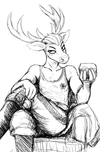 anthro antlers black_and_white cervid chair crossed_legs eyelashes furniture glass hair half-closed_eyes hi_res hladilnik horn looking_at_viewer male mammal military monochrome narrowed_eyes officer_deer prussian smile solo world_war_1 // 842x1280 // 938.5KB