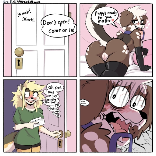 2022 4_panel_comic <3 alma_(capaoculta) anthro armwear awkward bed big_ears biped blonde_hair blush bottomwear breasts brown_body brown_fur butt canid canine canis capaoculta cheetah clothed clothing collar collar_only dialogue digital_media_(artwork) domestic_dog door duo embarrassed english_text felid feline female floppy_ears fur furniture genitals hair hi_res humor knocking leash leggings legwear looking_away looking_back mail mammal nude open_mouth orange_body orange_fur pillow presenting presenting_hindquarters pussy rear_view roommate sharp_teeth shirt shocked shocked_expression shorts speech_bubble spots t-shirt tail_motion tailwag talking_to_another teeth text tongue tongue_out topwear white_hair white_spots // 2048x2048 // 444.1KB