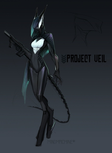 anthro canid canine canis claws clothing concept_art dark_body english_text female gun hi_res jackal jacktor machine mammal mindmachine ranged_weapon simple_background sketch sketch_page solo standing synth synth-crador text veil_(mindmachine) weapon // 935x1280 // 88.2KB