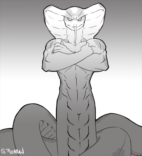anthro apode athletic claws cobra crossed_arms draconcopode faint forked_tongue frown legless looking_at_viewer male monochrome muscular muscular_anthro naga nude reptile scalie serpentine snake snake_hood solo tongue tongue_out // 600x655 // 287.0KB