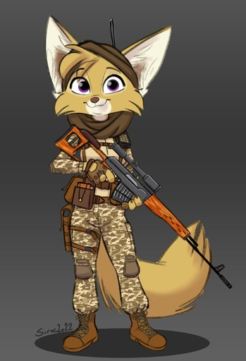 2022 absurd_res anthro boots camo canid canine clothing dragunov dragunov_svd eyebrows eyelashes female fennec fingerless_gloves footwear fox fur gloves gun handwear hi_res holster inner_ear_fluff knee_pads looking_at_viewer mammal purple_eyes ranged_weapon rifle scope siroc smile smiling_at_viewer sniper_rifle solo svd tan_body tan_fur tuft vulpes weapon white_body white_fur // 1994x2923 // 462.8KB
