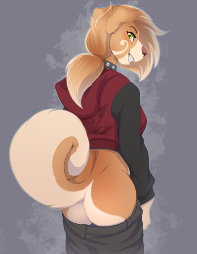 2016 anthro biped blonde_hair bottomwear butt canid canine canis clothed clothing collar conditional_dnp domestic_dog female fluffy fluffy_tail green_eyes grin hair hi_res hood hoodie mammal mooning pants pants_down partially_clothed pomeranian presenting presenting_hindquarters rear_view rika_(character) scappo smile solo spitz standing teasing topwear undressing // 1169x1500 // 852.5KB