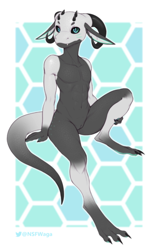 absurd_res ambiguous_gender anthro black_sclera blue_eyes claws dark_body fangs hi_res horn kobold lizard looking_at_viewer nude reptile scalie signature simple_background slit solo w4g4 white_body // 2581x4080 // 2.4MB