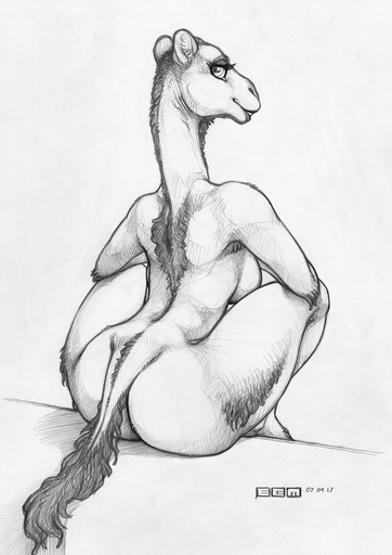 2017 anthro breasts camel camelid ecmajor eyelashes female hi_res mammal monochrome nude side_boob simple_background sketch smile solo wide_hips // 1045x1478 // 1.3MB