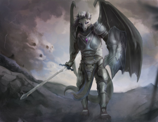 anthro armor blue_eyes clothed clothing cloud dark_clouds dragon gem hair horn hotakainen looking_at_viewer male melee_weapon membrane_(anatomy) membranous_wings mountain narokh outside plate_armor shield sky solo standing sword weapon white_hair wings // 1280x989 // 993.8KB