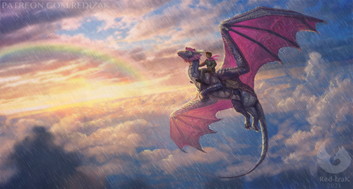 2021 claws clothed clothing cloud cloudscape countershade_torso countershading day detailed detailed_background detailed_scales dragon duo flying frill_(anatomy) hi_res horn human mammal membrane_(anatomy) membranous_frill membranous_wings mount outside paws purple_body purple_membrane purple_scales rainbow raining red-izak riding scales scalie shaded sitting sky smonia spines spread_wings uther_(red-izak) western_dragon wet wet_body wet_scales wings // 2000x1074 // 730.7KB