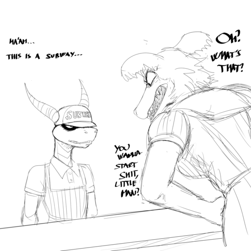 1:1 activision angry anthro beastars canid canine canis clothing counter dialogue dragon english_text female furgonomics hat headgear headwear hi_res hladilnik horn juno_(beastars) male mammal monochrome sharp_teeth simple_background size_difference spyro spyro_the_dragon subway_(restaurant) teeth text text_on_clothing text_on_hat text_on_headwear video_games white_background wolf // 1280x1280 // 183.5KB