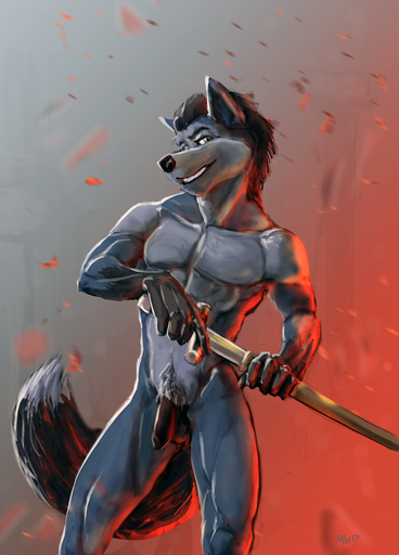 anthro canid canine canis domestic_dog fire flaccid front_view genitals husky looking_at_viewer male mammal marsonaut melee_weapon muscular muscular_anthro muscular_male nordic_sled_dog nude pecs penis portrait pubes scabbard smile solo sparks spitz standing sword three-quarter_portrait tuft weapon // 647x900 // 511.6KB