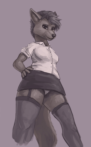 2018 anthro blouse bottomwear breasts camel_toe canid canine clothed clothing female fox foxovh fully_clothed hair hand_on_hip legwear looking_at_viewer looking_down low-angle_view mammal panties shirt simple_background skirt smile solo standing thigh_highs topwear underwear upskirt worm's-eye_view // 559x900 // 63.9KB