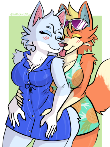 2020 absurd_res animal_crossing anthro audie_(animal_crossing) blush breasts canid canine canis capaoculta clothing digital_media_(artwork) dress duo eyes_closed eyewear female femalefemale fur hi_res hug hugging_from_behind mammal nintendo orange_body orange_fur shaded sundress sunglasses tongue tongue_out video_games white_body white_fur whitney_(animal_crossing) wolf // 1913x2551 // 1.8MB