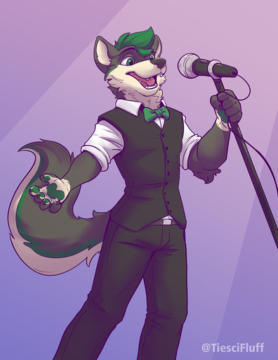 2021 anthro black_body black_fur bow_tie canid canine canis clothing fur green_body green_eyes green_fur green_hair hair hi_res male mammal microphone open_mouth simple_background solo thesecretcave topwear vest white_body white_fur wolf // 989x1280 // 750.9KB