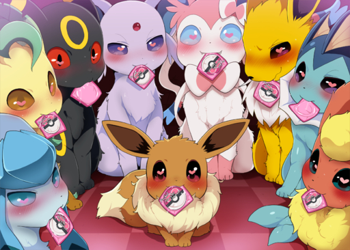 2022 <3 <3_eyes ambiguous_gender black_nose blush condom condom_in_mouth dagasi digital_media_(artwork) dipstick_tail eevee eeveelution espeon fangs feral flareon fur generation_1_pokemon generation_2_pokemon generation_4_pokemon generation_6_pokemon glaceon group hi_res jolteon leafeon looking_at_viewer markings mouth_hold pokemon_(species) sexual_barrier_device sylveon tail_markings umbreon vaporeon video_games // 1750x1250 // 1.6MB