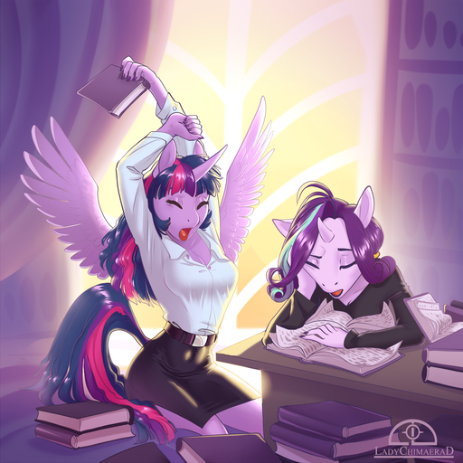1:1 anthro anthrofied book breasts clothed clothing desk duo equid equine eyes_closed female furniture horn horse ladychimaera ladychimaerad mammal starlight_glimmer_(mlp) stretching table tired twilight_sparkle_(mlp) unicorn winged_unicorn wings // 1125x1125 // 1010.2KB