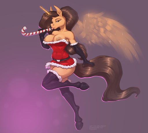 2019 anthro big_breasts breasts christmas clothing digital_media_(artwork) equid equine fan_character female hair hi_res holidays horn horse mammal my_little_pony nipples reaper3d simple_background smile solo tongue tongue_out wings // 2400x2160 // 1.4MB