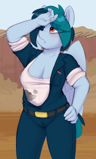 2018 5_fingers anthro anthrofied belt blue_body blue_feathers blush bodily_fluids bottomwear breasts cleavage clothed clothing delta_vee equid equine eyebrows eyelashes fan_character feathered_wings feathers female fingers fully_clothed hair hair_over_eye half-closed_eyes hand_on_hip horse junkyard mammal mature_anthro mature_female narrowed_eyes one_eye_obstructed open_clothing open_shirt open_topwear outside pants pegasus portrait red_eyes shinodage shirt solo standing sweat tank_top teal_hair three-quarter_portrait topwear wings // 667x1108 // 359.8KB