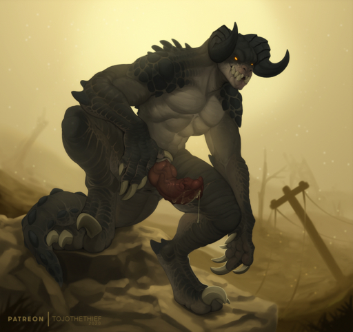 abs amber_eyes animal_genitalia animal_penis anthro anus bethesda_softworks bodily_fluids claws conditional_dnp deathclaw detailed_background fallout genital_fluids genitals glowing glowing_eyes hi_res horn knot looking_at_viewer male monster muscular muscular_anthro muscular_male penis precum precum_string scales scalie solo standing tojo_the_thief video_games // 1750x1647 // 3.9MB