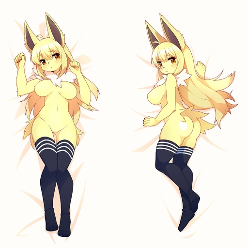 2022 4_toes 5_fingers absurd_res ahoge anthro anthrofied big_breasts bird's-eye_view blonde_hair blush breasts butt claws clothing dakimakura_design devil-vox eeveelution featureless_breasts featureless_crotch feet female finger_claws fingers footwear footwear_only fur hair hi_res high-angle_view jolteon kemono legwear long_hair looking_at_viewer looking_back lying mostly_nude multiple_images navel neck_tuft on_back on_side pokemon_(species) pokemorph side_boob socks socks_only solo thigh_highs toes tuft video_games white_body white_fur yellow_eyes // 3002x3000 // 430.8KB